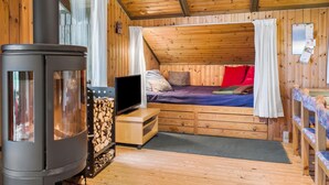 A cozy cabin room with a wood stove, a bed with pillows, a TV, and a small table. - 3 bedroom beautiful home in Hundested (Hundested)