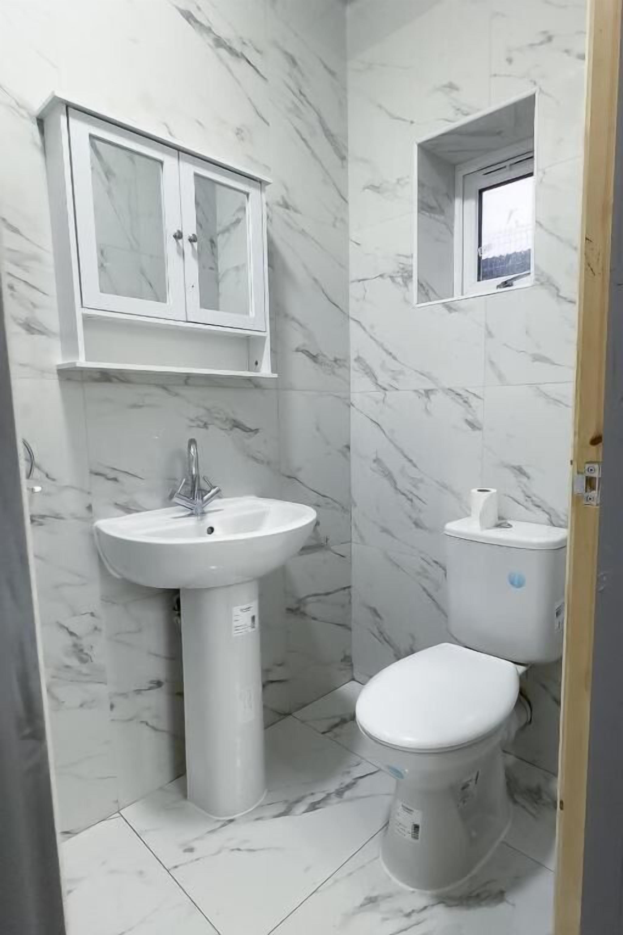 A bathroom with a white sink, a toilet, and a cabinet with a mirror above the sink.