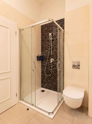 Shower, hair dryer, shampoo