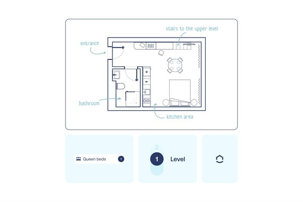 A floor plan of a hotel with labeled areas including an entrance, bathroom, kitchen, and upper level stairs.