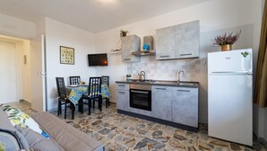 A compact kitchen with a stone floor, a dining area with chairs, a sofa, a TV, and a refrigerator.