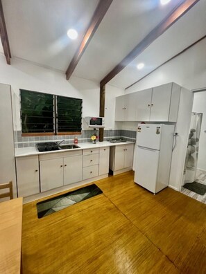 Fridge, microwave, stovetop, electric kettle