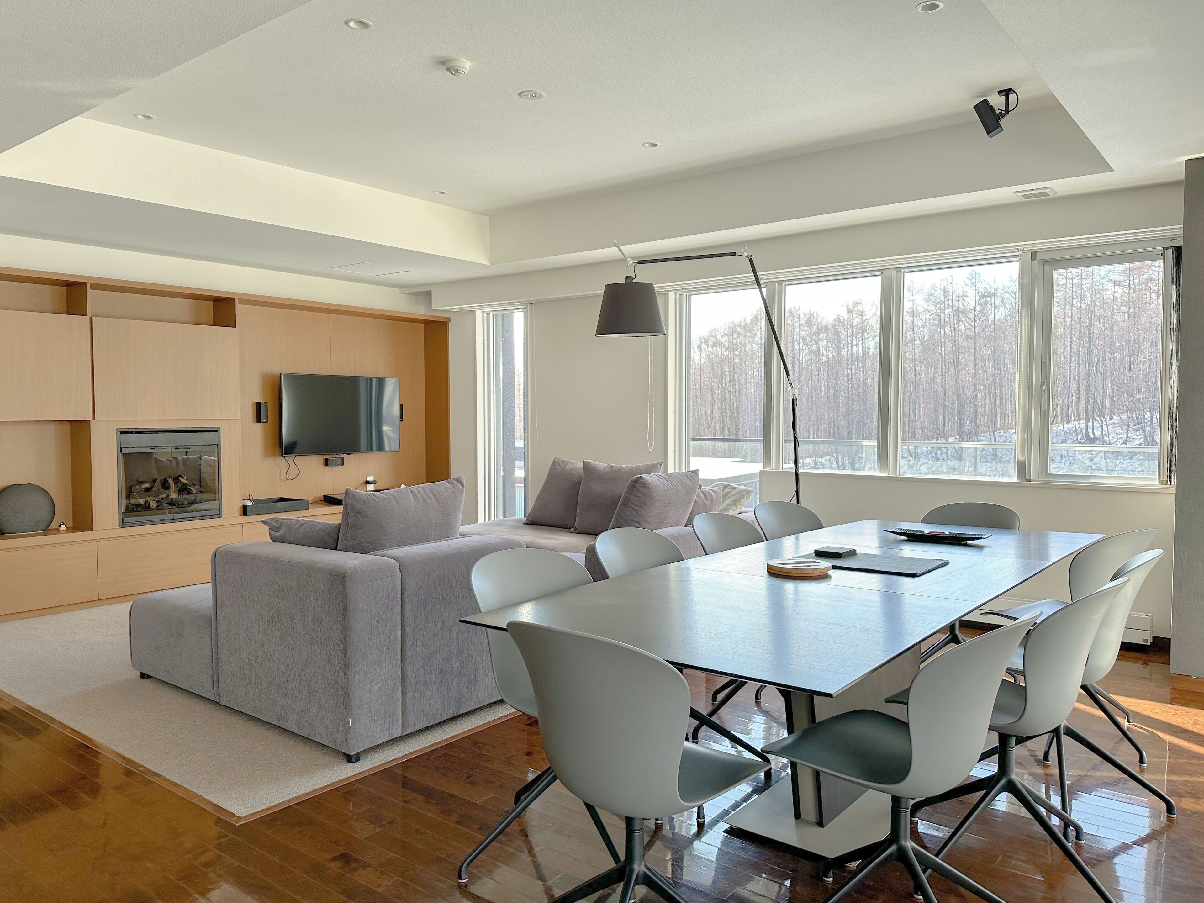 A modern living room with a grey sofa, a dining table with chairs, a fireplace, a TV, and large windows.