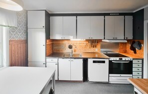 Fridge, stovetop, dishwasher, coffee/tea maker