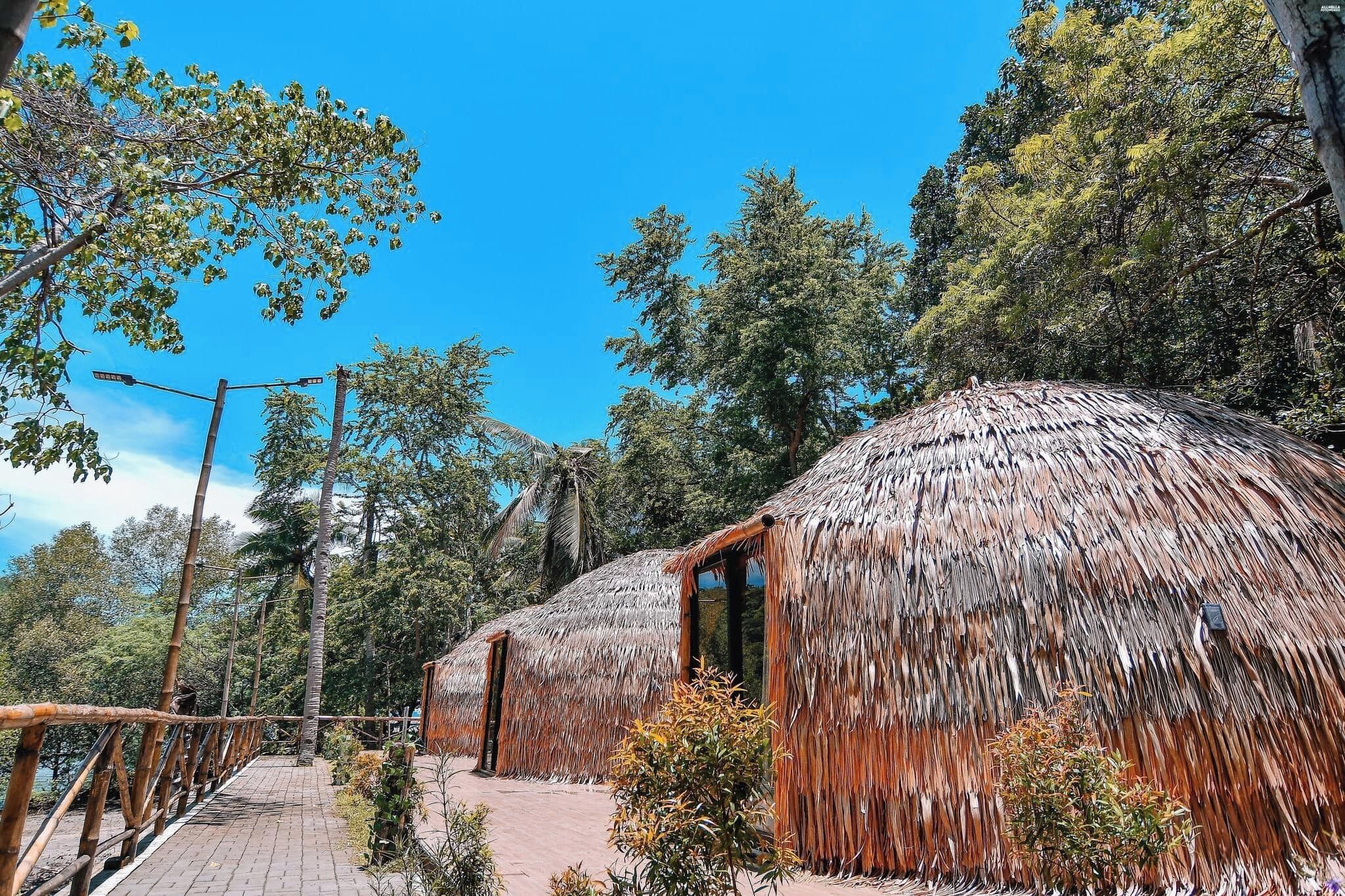 Une construction à toit de chaume, dotée d’une porte en bois, entourée d’une végétation luxuriante et surplombée d’un ciel bleu clair.