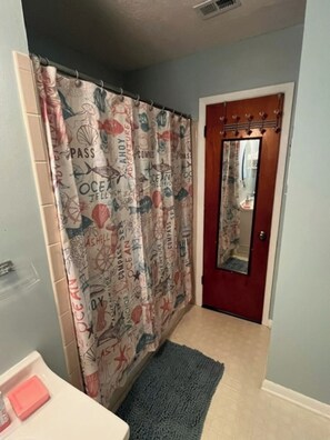 Hair dryer, towels, soap, toilet paper