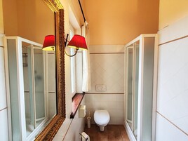 Un baño estrecho con un inodoro blanco, un espejo con un marco ornamentado y una lámpara roja.