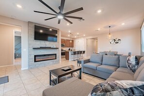 Smart TV, fireplace, video games, foosball