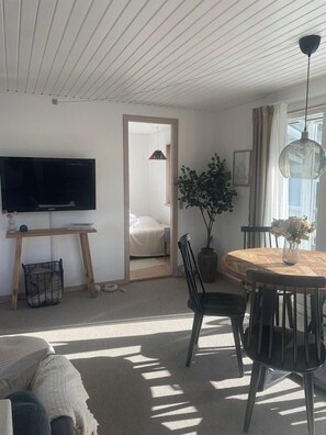 A room with a television, a dining table with chairs, a potted plant, and a mirror.