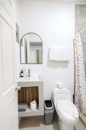 A bathroom with a toilet, sink, mirror, and shower curtain.