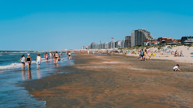 A beach with people walking and playing, a pier in the background, and buildings along the shore. - Villa Near Belgian Coast With Sea Views (Koksijde)