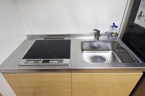 Kühlschrank, Mikrowelle, Herdplatte, Kochgeschirr/Geschirr/Besteck