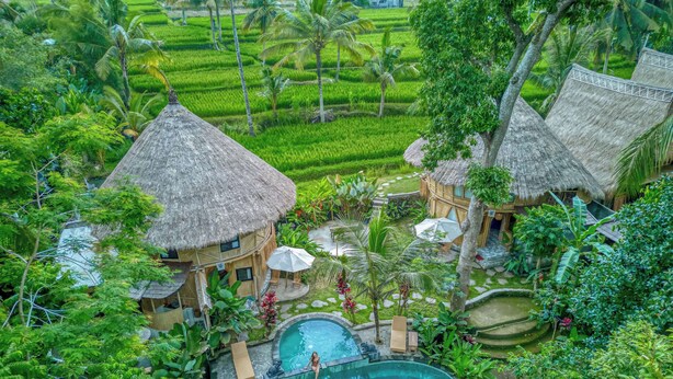 Un resort con piscina, edificios de techo de paja y abundante vegetación.