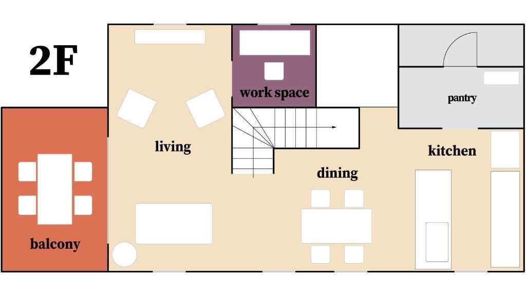 A 2F floor plan with a balcony, living room, dining area, kitchen, pantry, and work space.