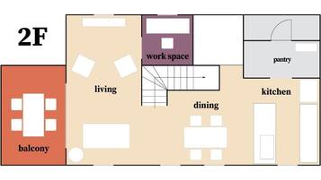 A 2F floor plan with a balcony, living room, dining area, kitchen, pantry, and work space.