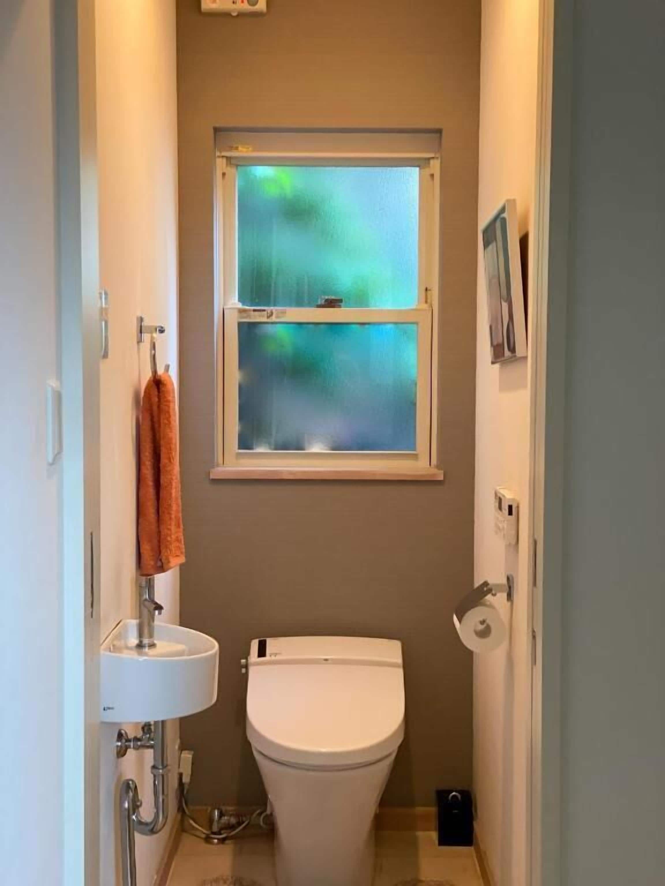 A small, narrow bathroom with a toilet, sink, and window.