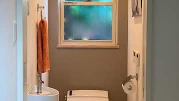 A small, narrow bathroom with a toilet, sink, and window.