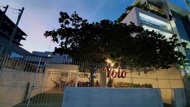 Una entrada con reja, un cartel que dice "Yolo" y un árbol en primer plano.
