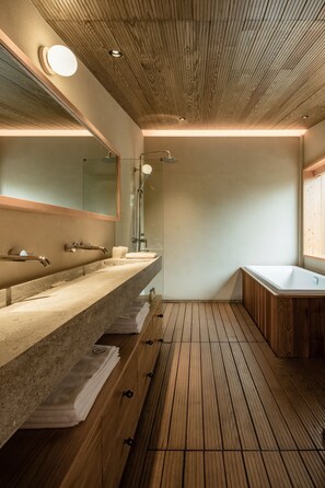 Hair dryer, slippers, heated floors, towels