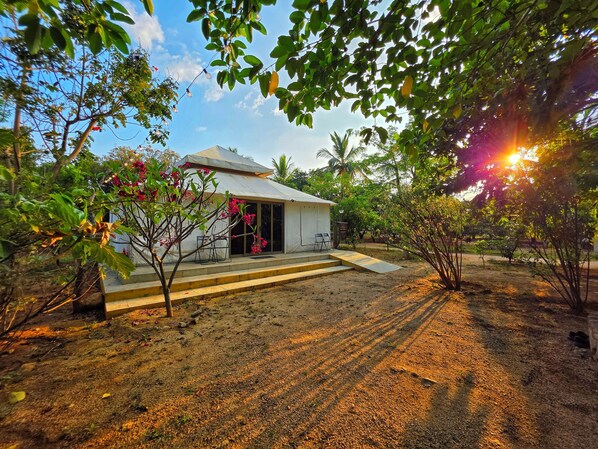 A small house with a porch and steps leading to a door, surrounded by trees and plants. - Angirasa Luxury Camping (Kondapak)