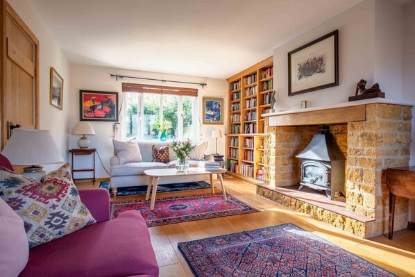 Télévision, cheminée, livres