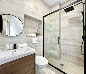 Shower, hair dryer, towels, soap