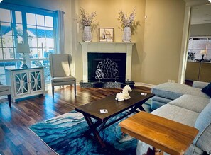 Una Smart TV, una chimenea, un reproductor de DVD, libros