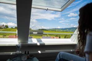 Une pièce dotée d’une grande fenêtre donnant sur un vignoble et sur des collines lointaines.