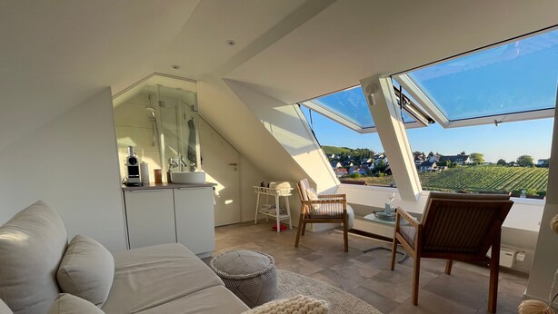 A modern loft bedroom with a skylight, a kitchenette, and a view of vineyards. - Apartment 'Schwarzwald-Wellness byHannes' with Mountain View, Wi-Fi and Air Conditioning (Oberkirch)