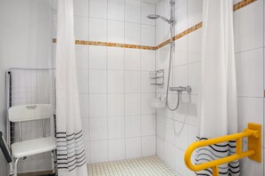 Shower, free toiletries, hair dryer, towels