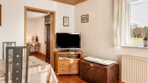 Una habitación con techo de madera, un televisor sobre un mueble de madera, un radiador y una ventana con vista a árboles.