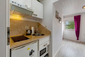 Fridge, microwave, stovetop, electric kettle