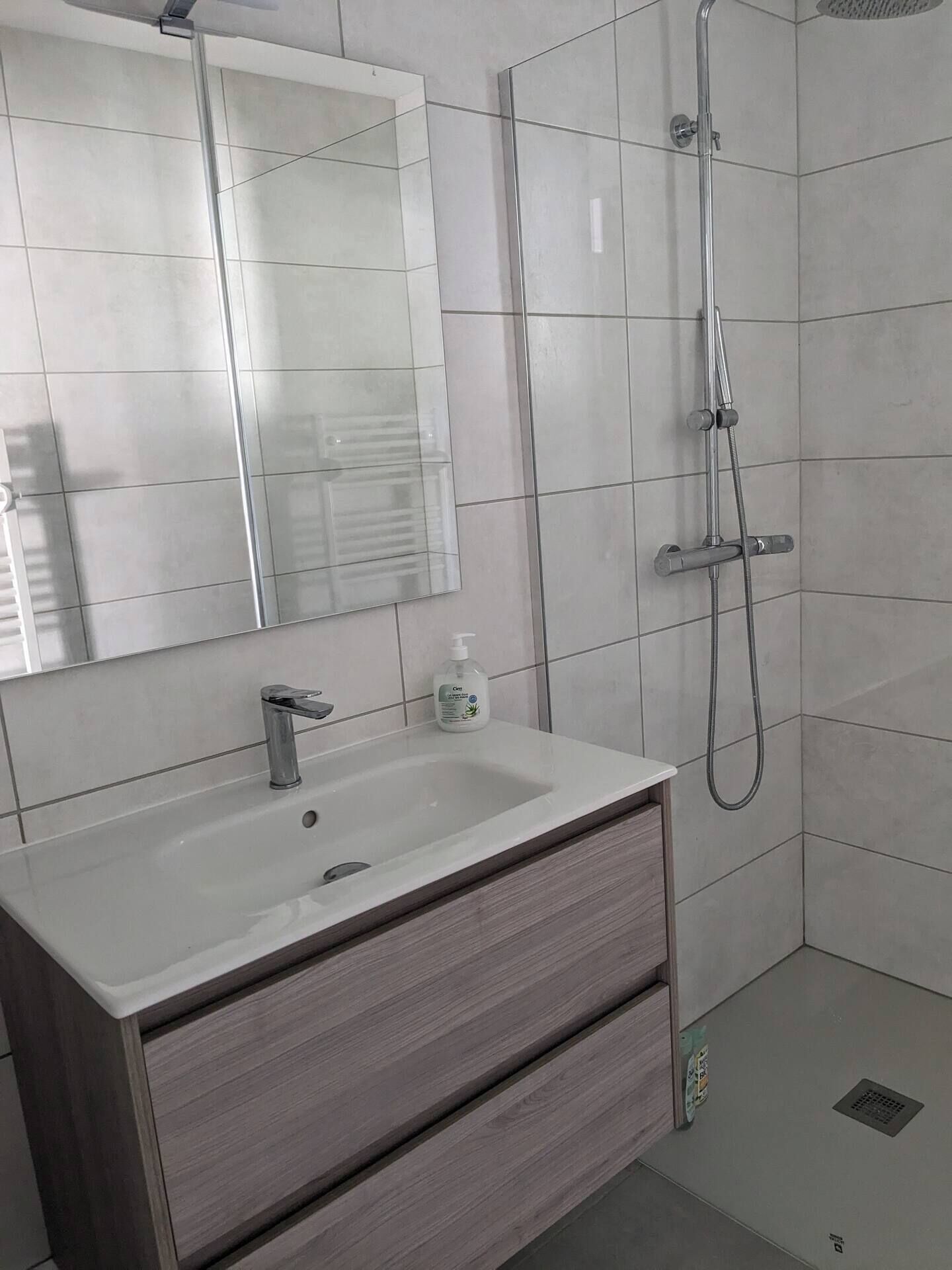 Un baño moderno con lavamanos blanco, espejo, ducha e inodoro.