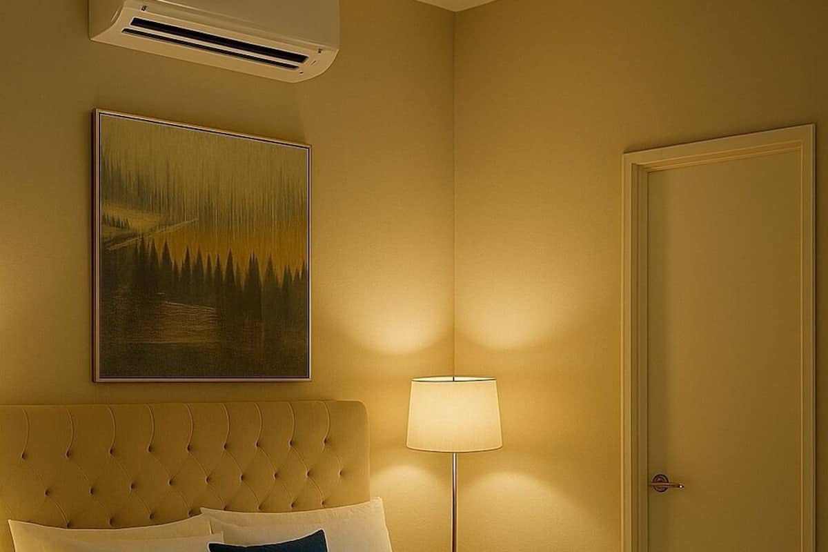 A hotel room with a bed, a bedside lamp, a painting on the wall, and an air conditioning unit.