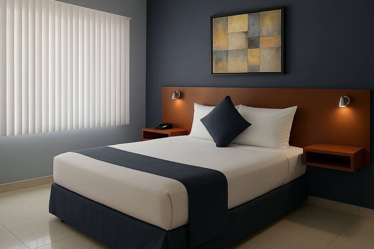 A modern hotel room with a large bed, a bedside table, a nightstand, and a wall-mounted artwork.
