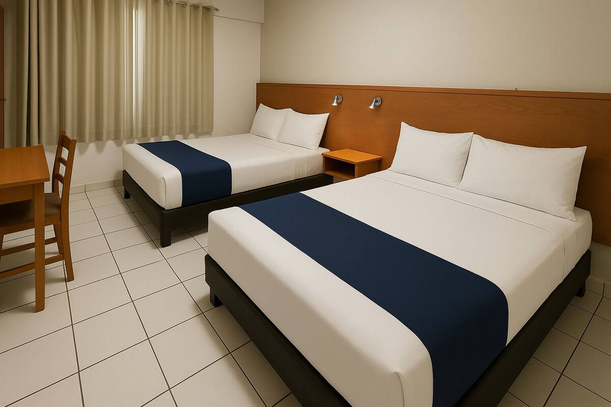 A hotel room with two beds, a wooden nightstand, a wooden chair, and a window with curtains.