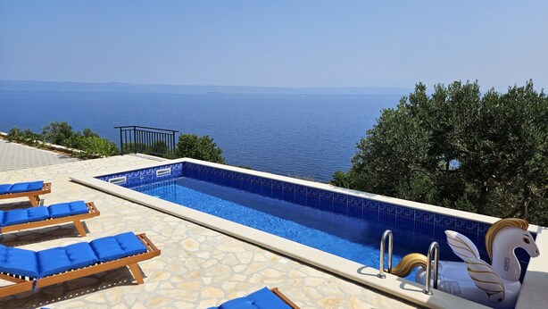 Une piscine avec vue sur la mer, des chaises longues et un cygne décoratif.