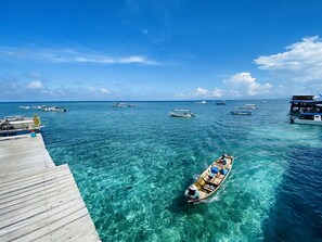 A wooden pier extending into clear turquoise waters with several boats anchored nearby. - Amina Holidays (Mabul Island)
