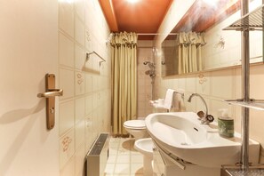 Chuveiro, secador de cabelo, toalhas de banho, sabonete