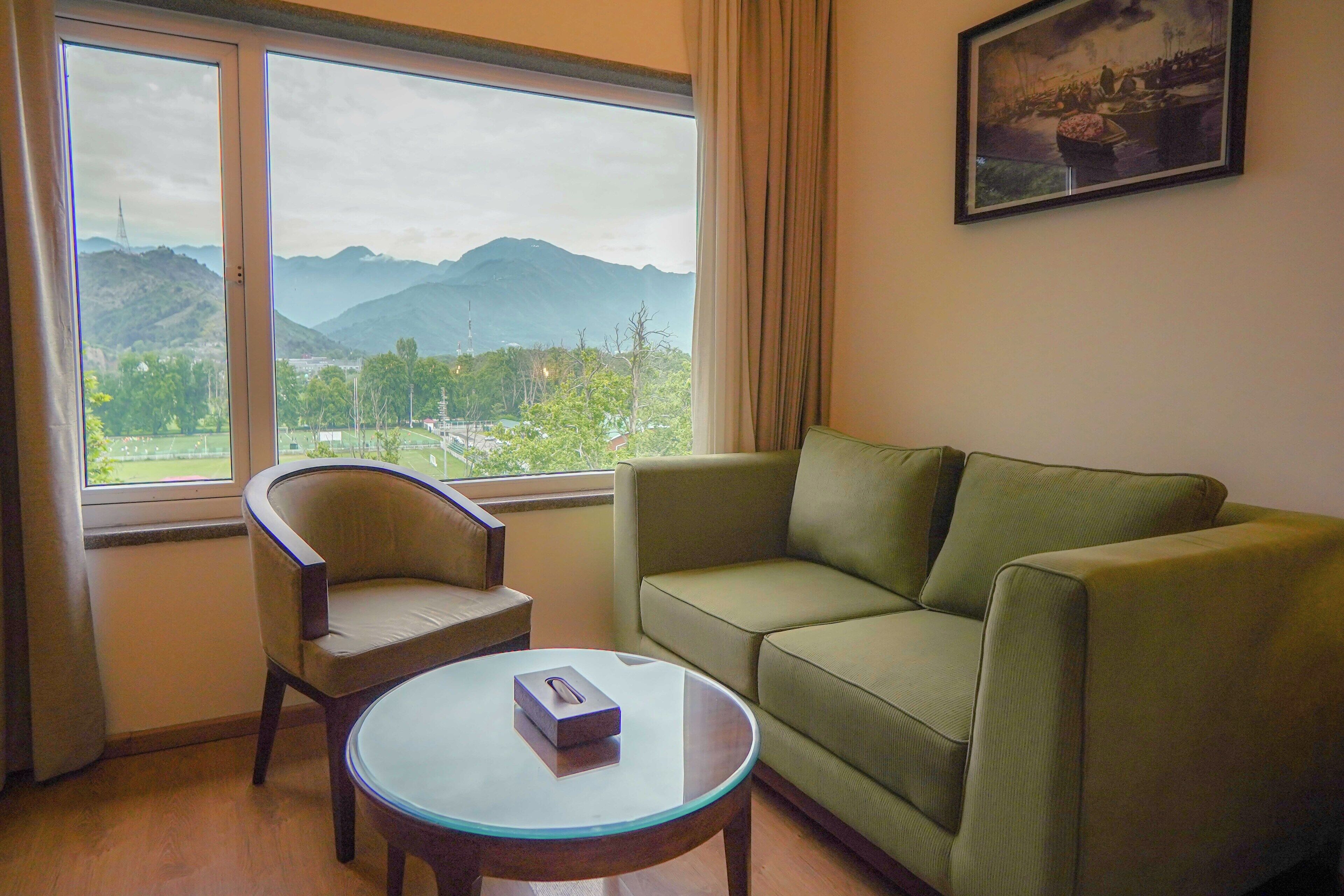 A room with a green sofa, a wooden chair, a glass table, and a large window offering a mountain view.