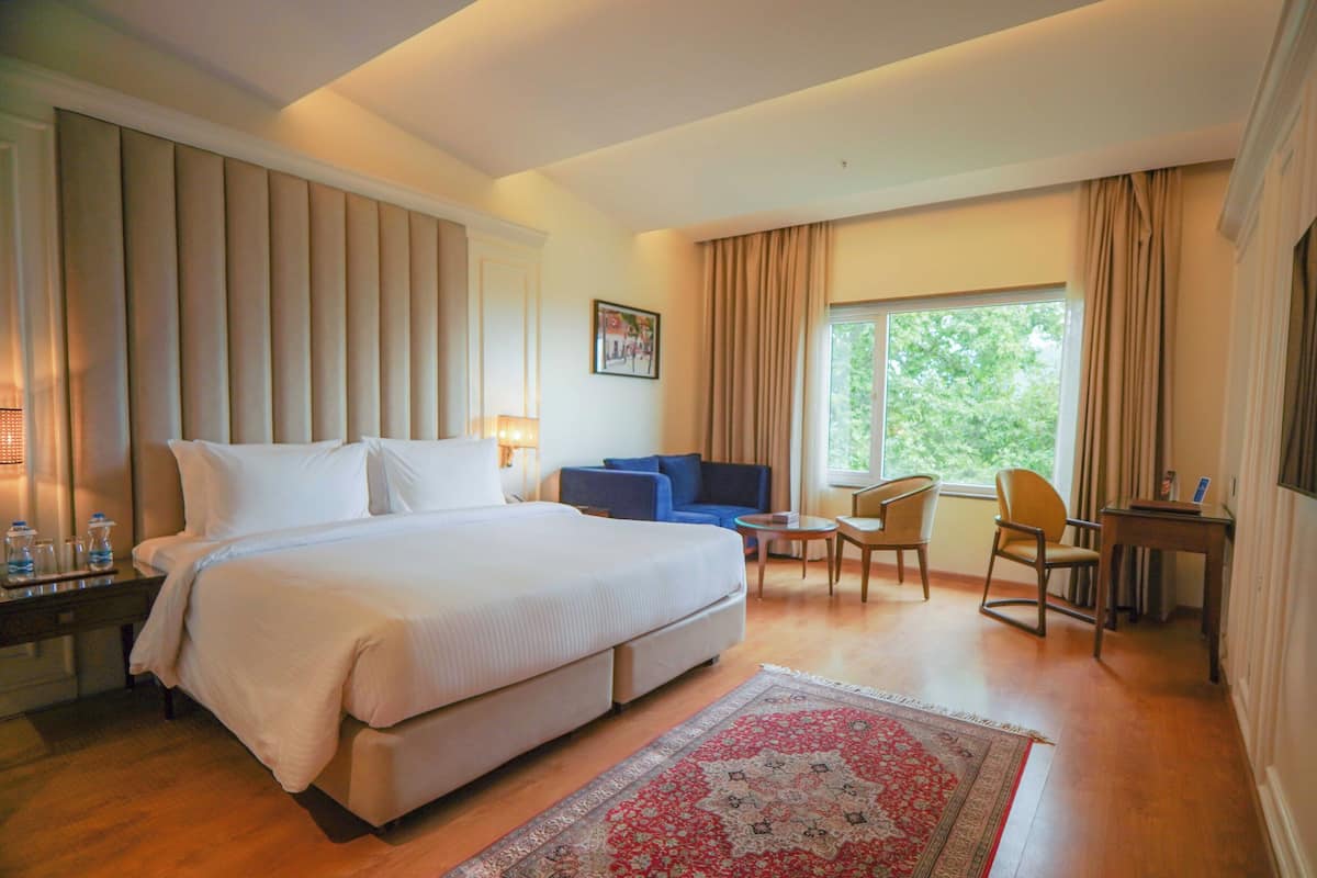 Una habitación de hotel con una cama grande, un escritorio, una silla, un sofá y una ventana con cortinas.