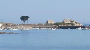 Paesaggio costiero con barche ormeggiate vicino a una spiaggia rocciosa, un edificio con tetto di paglia e un albero solitario.