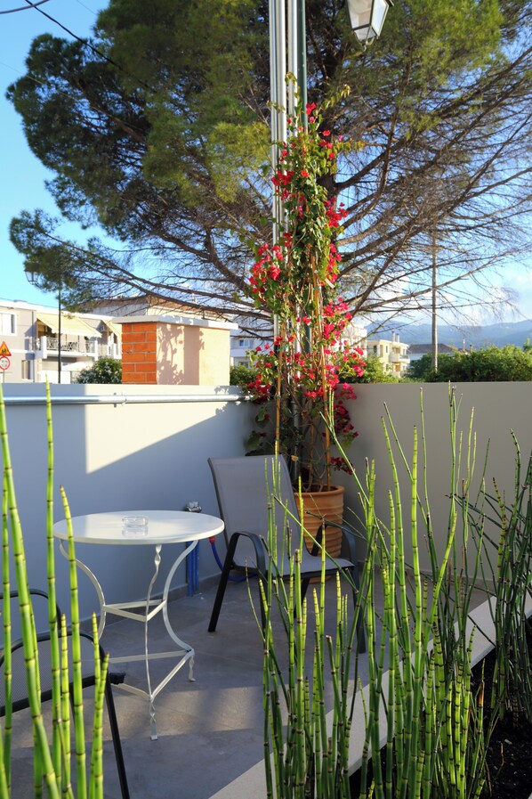 An outdoor patio with a table and chairs, a potted plant with red flowers, and bamboo plants. - Carabella Residence (Lefkada)