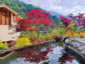 Un edificio tradicional japonés con fachada de madera y reflejo en el agua.