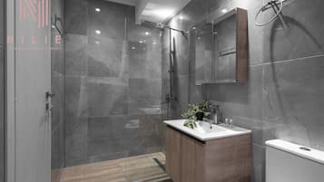 Studio Panoramique, balcon, vue ville | Salle de bain | Douche, sèche-cheveux, serviettes fournies, savon