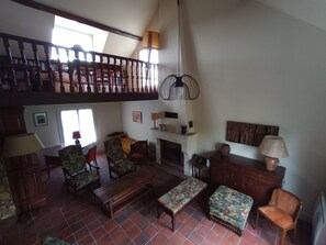 TV, fireplace, books