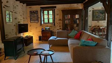 Tv, eldstad och böcker