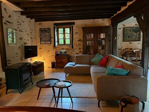 Télévision, cheminée, livres