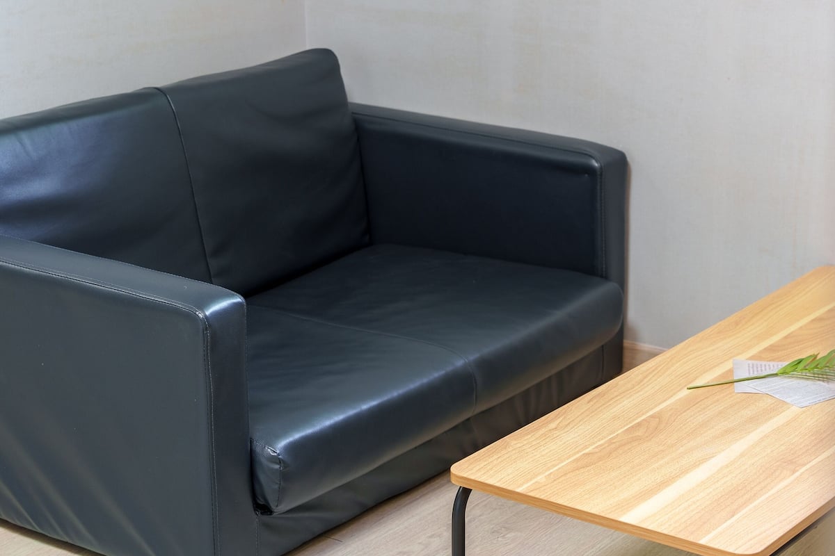 Een zwarte leren bank en een houten tafel met één groen blad en een stuk papier.