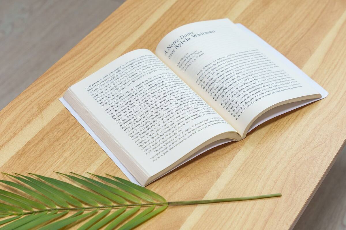Een open boek op een houten tafel, met een groene plant ernaast.